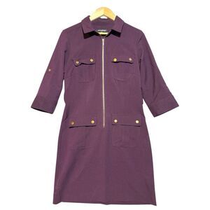 Sharagano Zip Front Utility Shirt Dress Purple Plum Snap Button Women's 10P